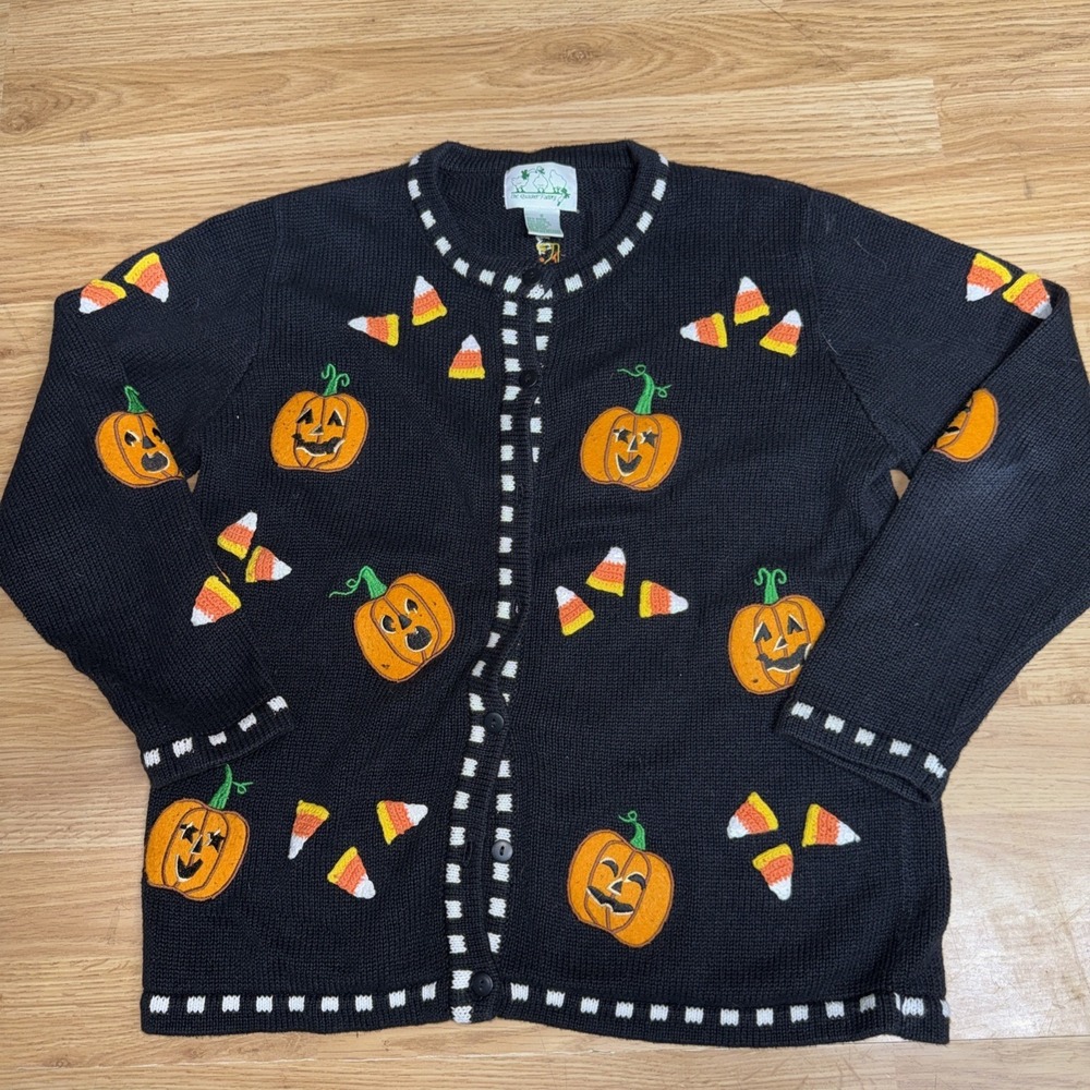 Vintage Quacker Factory Halloween S Embroidered Cardigan Sweater Pumpkin Crochet
